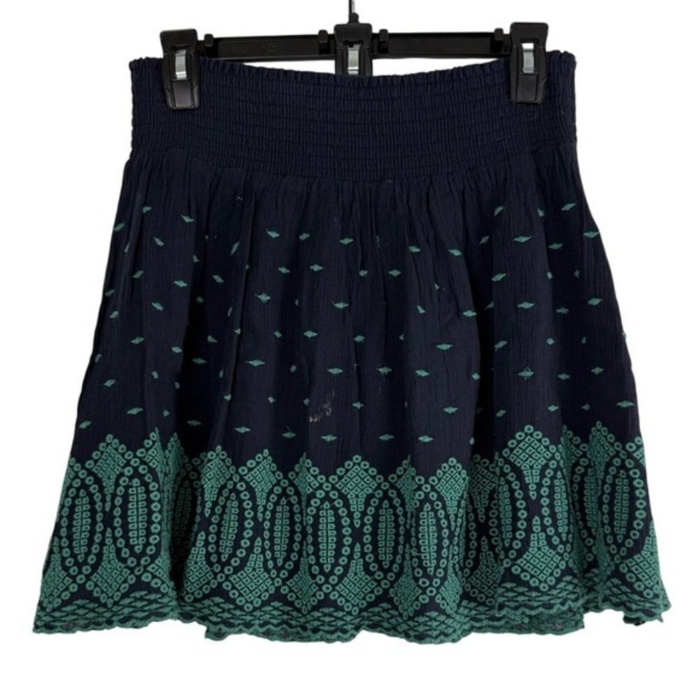 J.Crew Navy Gauze Smocked Waist Skirt Green‎ Embroidered M Coastal Grandma